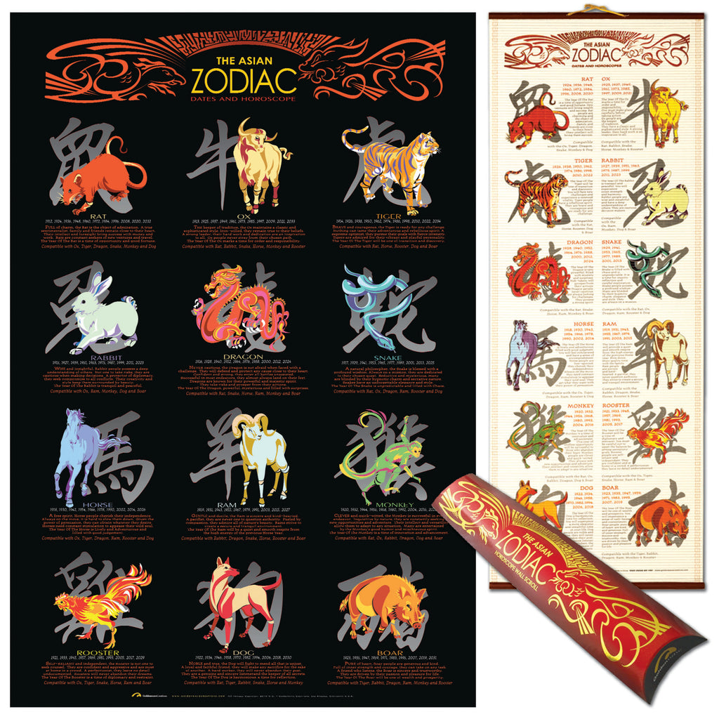 Asian Oriental Chinese Zodiac Animal Signs 24 x 36 Poster & Hanging Wall Scroll Gift Set
