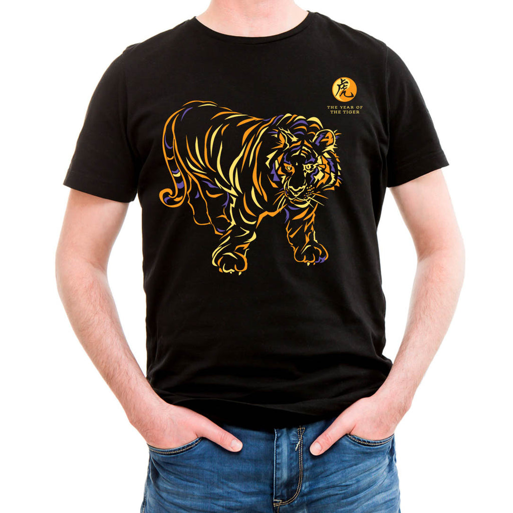 Year of the Tiger Asian Oriental Chinese. Neon-NRG Black T-Shirt, Born: 1938, 50, 62, 74, 86, 98, 10, 2022 FREE GREETING CARD W/ORDER