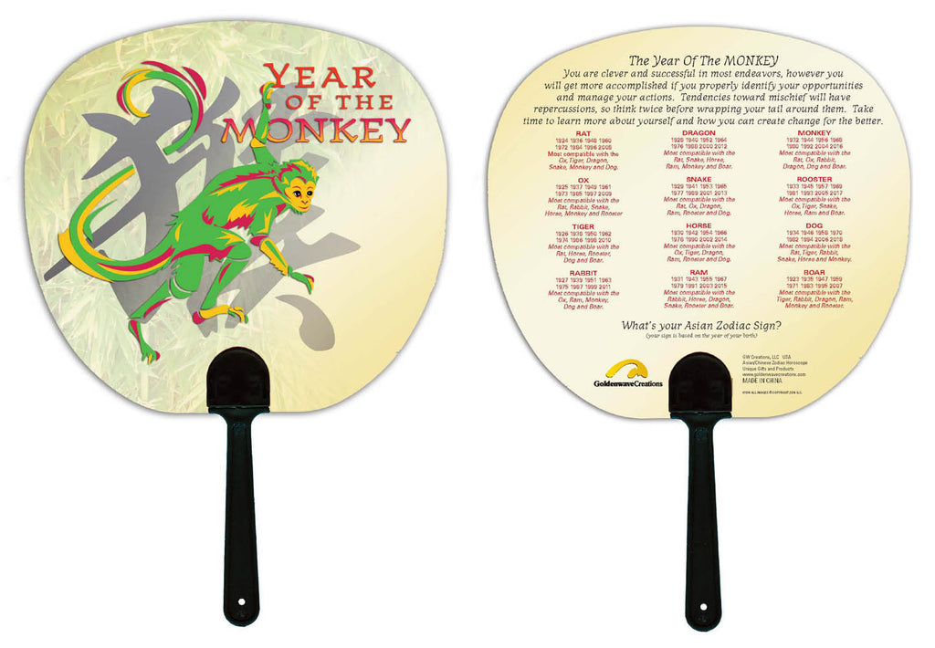 Year of the Monkey Hand Fan 3pk. Birth Years: 1932, 44, 56, 68, 80, 92, 04, 2016