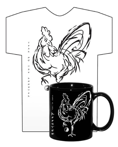 Year of the ROOSTER Hi NRG White 100% preshrunk cotton shirt and 11oz black coffee mug combo
